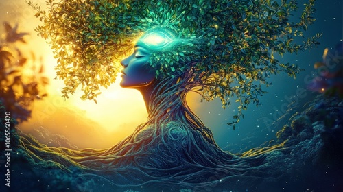 Third eye glowing with spiritual roots and branches, AI generated photo