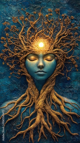 Third eye glowing with spiritual roots and branches, AI generated photo