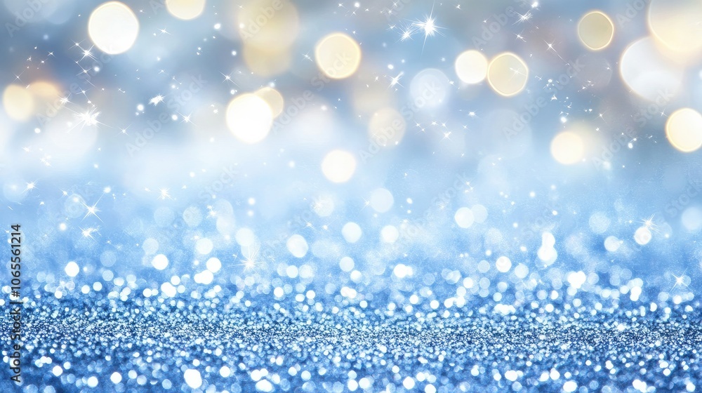Fototapeta premium Soft blue bokeh background with shimmering glitter, ideal for Christmas or festive New Year designs and greetings