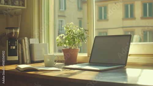 Wallpaper Mural Laptop  Coffee Cup  Plant  Window View  Desk  Work From Home  Sunlit Workspace Torontodigital.ca