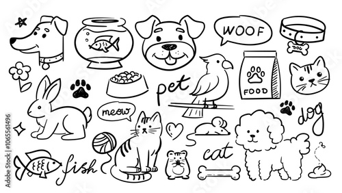 Pets doodle sketches set. Hand drawn dog, rabbit, parrot and cat. Domestic animals with food in bowls. Minimalist creativity and art. Linear vector collection