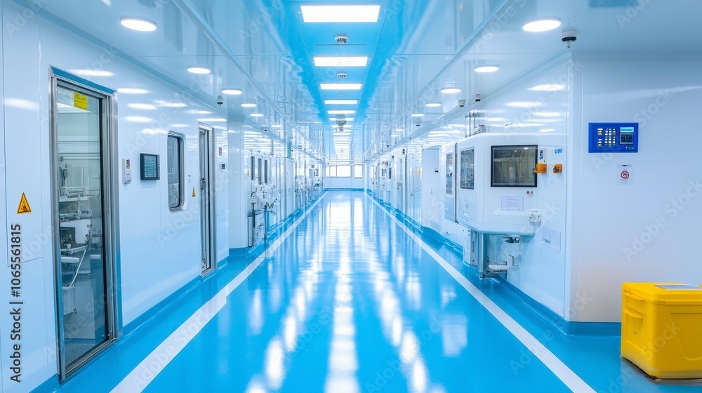 A clean, well-lit corridor in a modern laboratory or industrial facility. A clean, well-lit corridor in a modern laboratory or industrial facility.