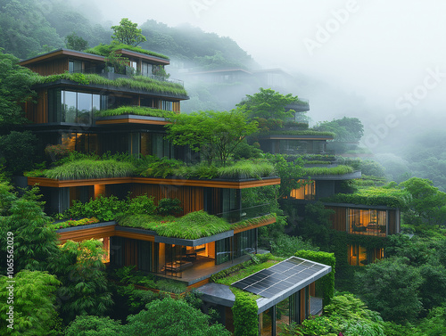 A high-rise building with a green roof and solar panels photo