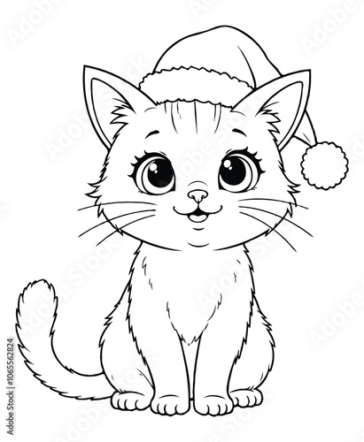 Christmas cat with Santa hat Coloring Page