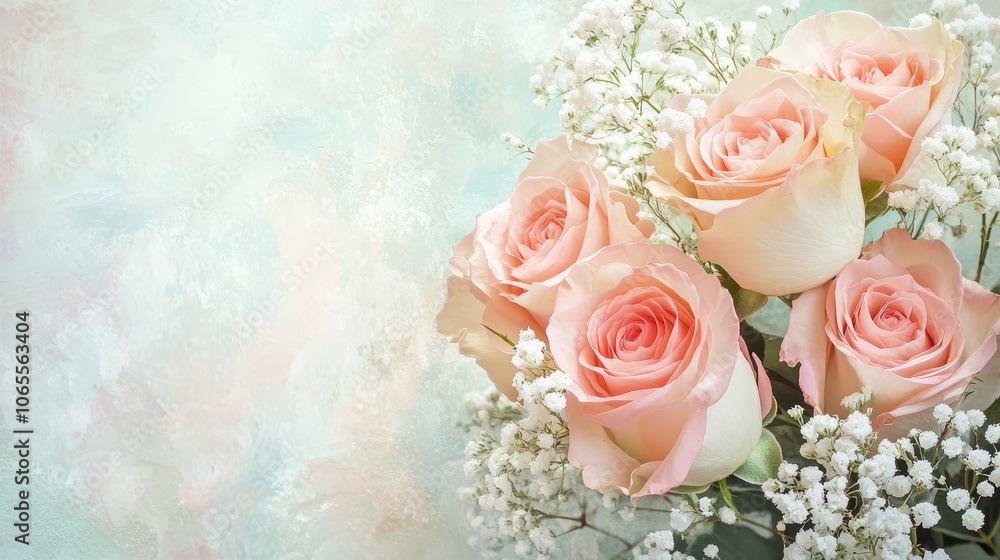 Fototapeta premium A soft, romantic banner with a bouquet of pastel roses and delicate baby breath, set against a watercolor background, perfect for a boutique flower shop