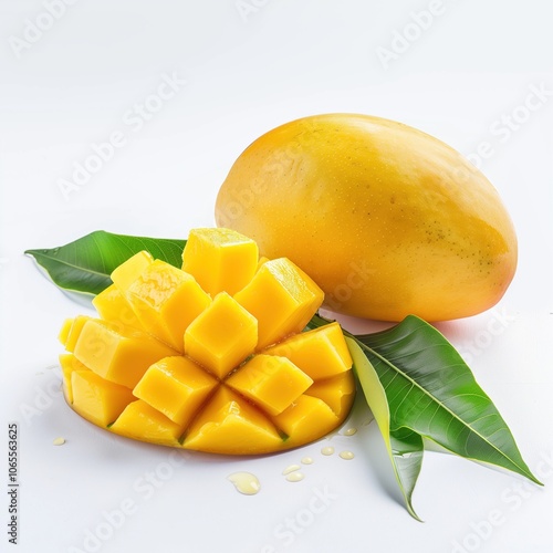 Ripe yred Mango with half slices isolated on white background, ripe tropical natural fruit concept photo