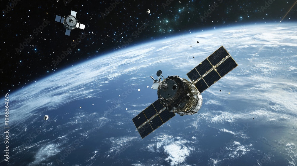 Fototapeta premium 3D illustration of defunct satellites and debris surrounding Earth, stressing the need for space cleanup to prevent collisions