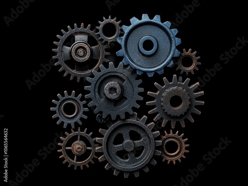 Wallpaper Mural A collection of metallic gears arranged artistically, showcasing intricate details and textures against a black background. Torontodigital.ca