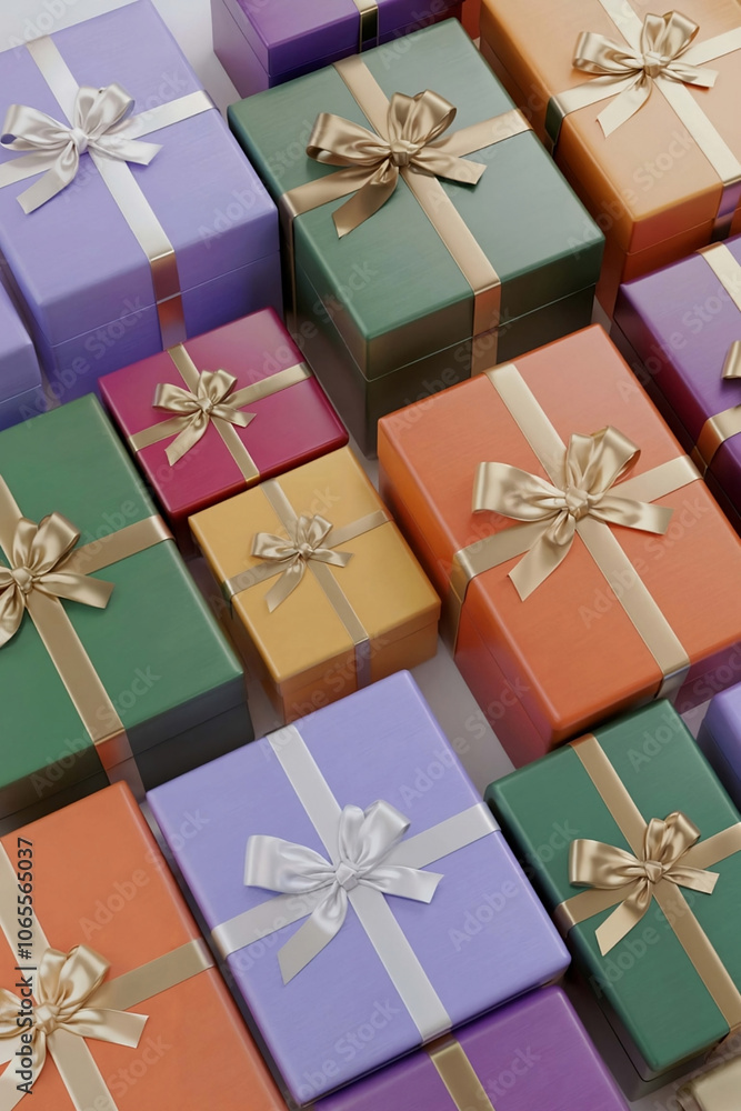 Fototapeta premium A 3D render of multiple matte Christmas gift boxes with pastel colors. Flatlay of holiday gifts or purchases.