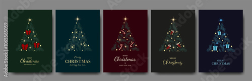 Collection of banners with Elegant Christmas tree, fir branches, lights, New Year elements and typography. Vector design concept greeting cards. Merry Christmas, Happy New Year.