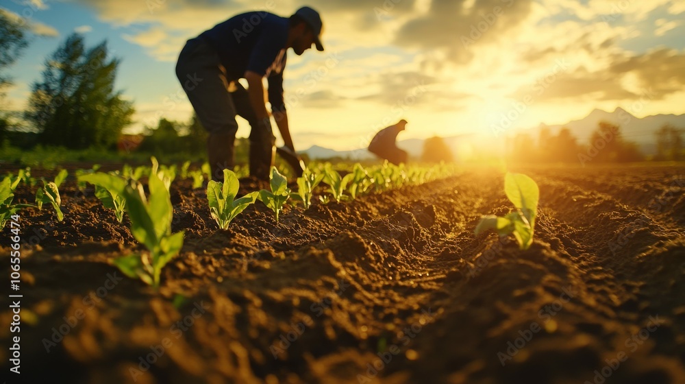 Fototapeta premium Farmers Planting Seeds in a Field