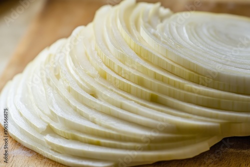 Layered onion slices are meticulously arrayed on a wooden tabletop, capturing their delicate circular cross-sections in precise alignment with soft lighting overhead. photo