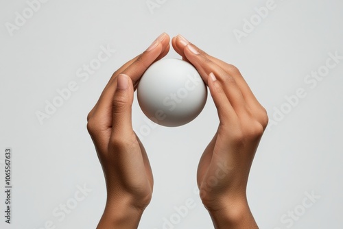 This picture shows two hands carefully enveloping a smooth, white sphere, symbolizing harmony and completeness against a simple, plain background. photo