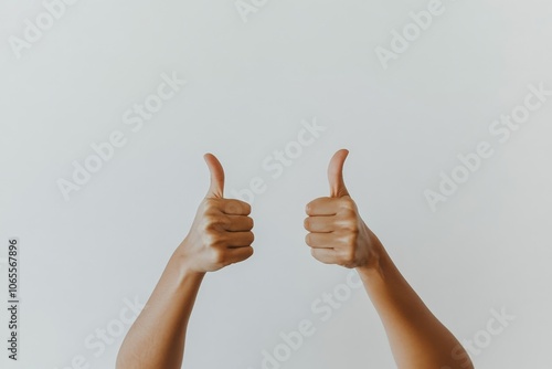 A pair of hands with slightly darker skin tones displaying thumbs up, conveying a message of positivity and approval, set against an unembellished white canvas. photo