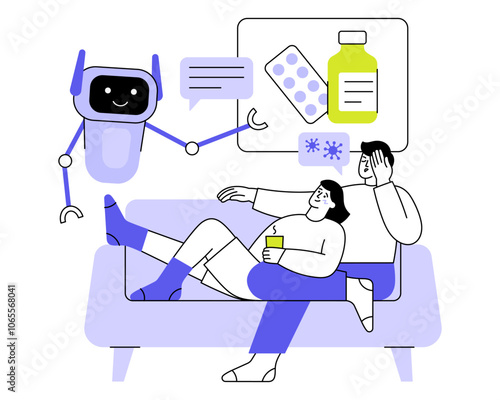 Virtual health assistant helps a people flat vector illustration. Cute medical robot shows health-related icons. Artificial intelligence in medicine concept