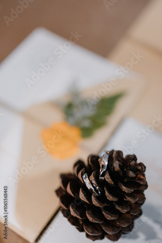 Wedding rings on pine cones