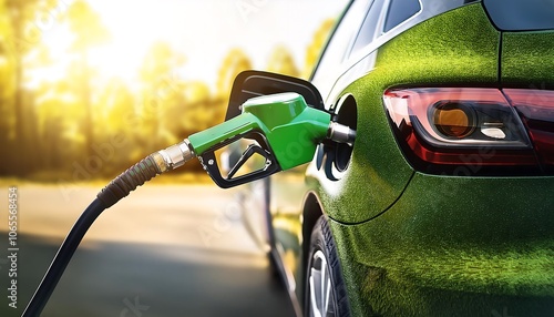 Fueling the journey: A hand pumps gasoline into a vehicle's tank at a gas station photo