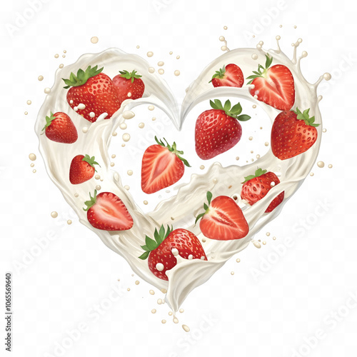 abstract 3d vector milk or yogurt splash with strawberries into the love circle isolated on white background