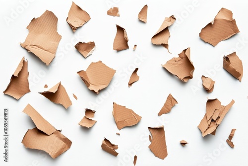 This image creatively presents randomly scattered pieces of torn brown cardboard on a light surface, conveying a sense of chaos and disorder yet artistic expression. photo