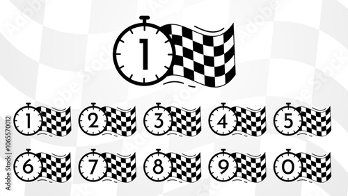 Race stopwatch set. Timer and clock countdown. Minutes, seconds and hours measurements. Interface for video game and arcade. Flat vector collection