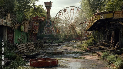 An abandoned amusement park, with rusted rides and decaying structures being consumed by surrounding vegetation, depicting the eerie silence as the Earth reclaims what humanity once built for joy photo