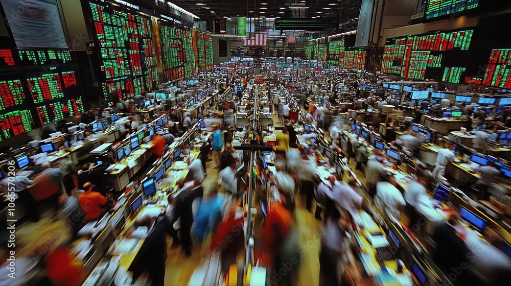 custom made wallpaper toronto digitalA bustling trading floor with numerous traders working at their desks, surrounded by digital screens displaying financial data.