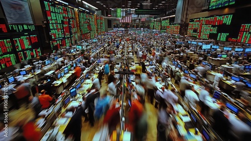 Wallpaper Mural A bustling trading floor with numerous traders working at their desks, surrounded by digital screens displaying financial data. Torontodigital.ca