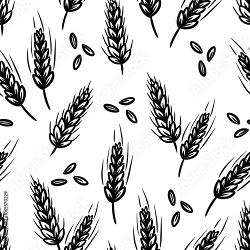 Black and white wheat seamless pattern with scattered seeds on a plain background showcasing agricultural design