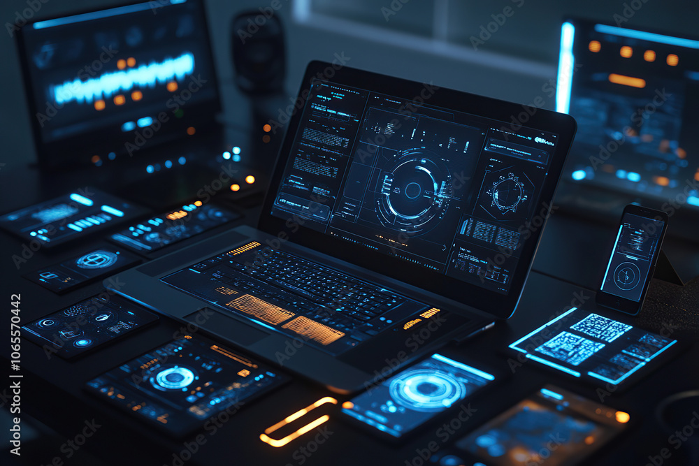 Fototapeta premium High-Tech Laptop Interface in a Futuristic Setup