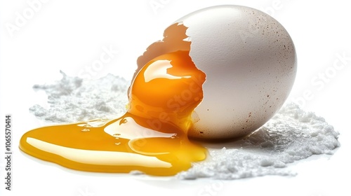 Cracked Egg with Yolk Spilling onto White Surface photo