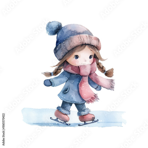 child ice skating vector illustration in watercolor style