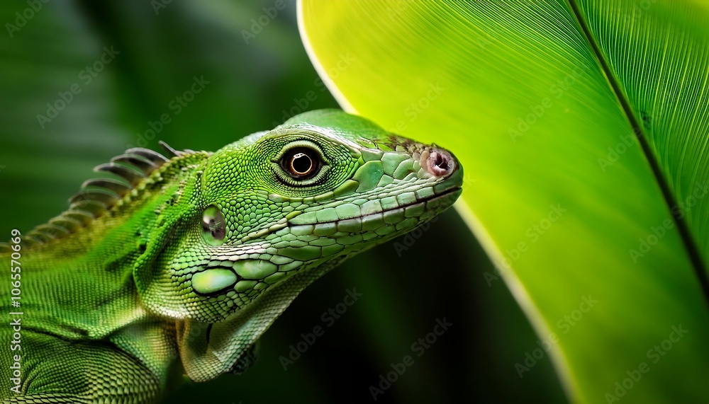 Obraz premium A reptilian green iguana basks in the sun on a tropical tree branch