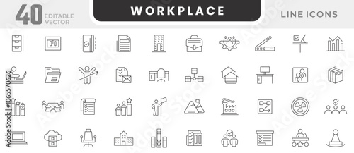 Workplace line icon set. Teamwork, human resources, meeting, partnership, meeting, work group, success, teaching, classroom, interview, discussion, forum line icon set. UI thin line icon pack.