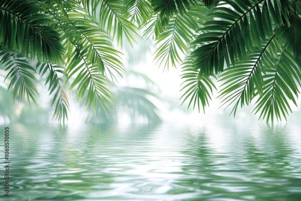 Obraz premium Tropical Paradise: Lush Palm Leaves Reflecting in Calm Water