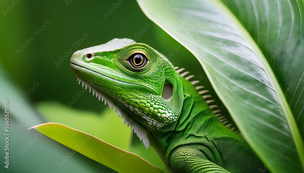 Obraz premium A reptilian green iguana basks in the sun on a tropical tree branch