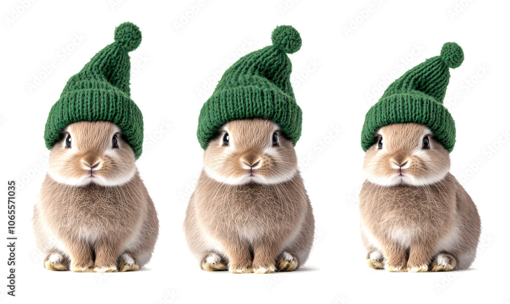 Obraz premium Three adorable rabbits wearing green knitted hats isolate on white background.
