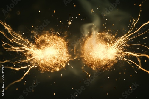 Two golden spheres positioned in cosmic space release electric energy, setting off radiant bursts and capturing the magical connection and symmetry of twin forces. photo