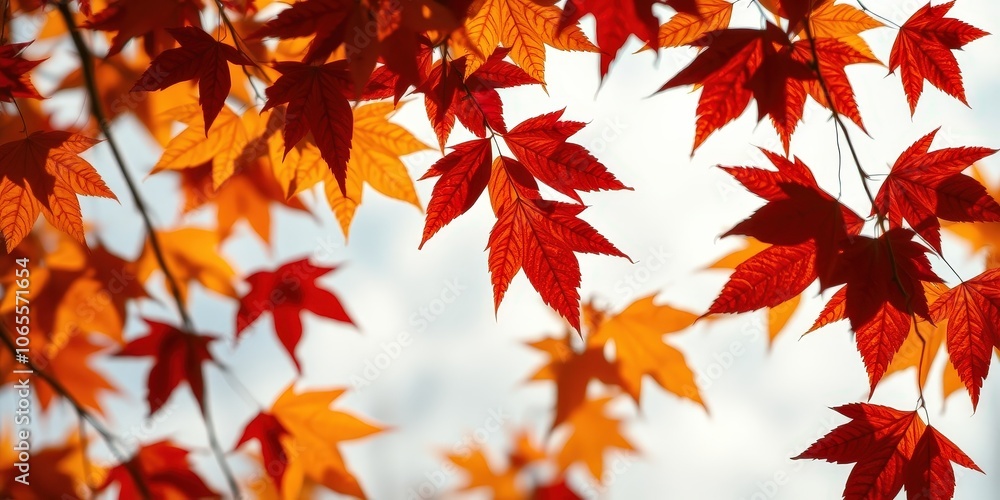 Fototapeta premium Vibrant red and orange autumn leaves against a soft, hazy background, showcasing the intricate details and delicate veins of nature's artistry