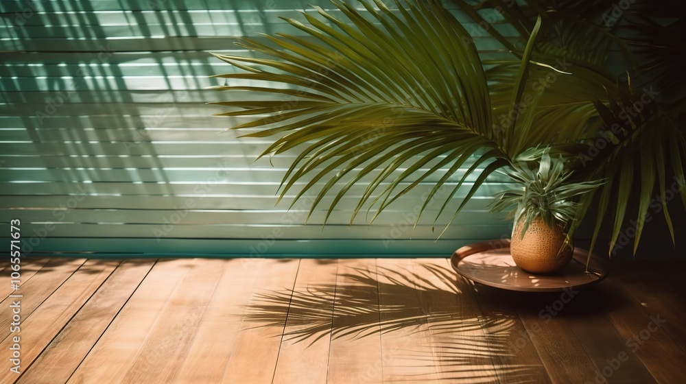 Fototapeta premium Tropical Scene with Wooden Table and Palm Shadows