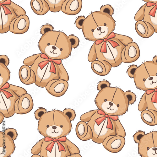 Adorable teddy bears with bows are arranged in a playful kids seamless pattern, print perfect for children design