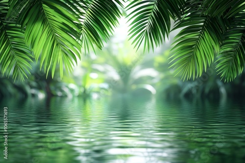 Wallpaper Mural Tranquil Tropical Landscape with Palm Leaves and Water Reflection Torontodigital.ca