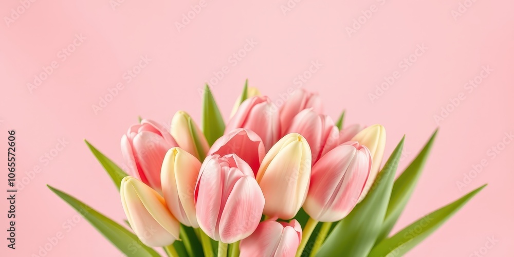 Fototapeta premium A bouquet of pink and white tulips arranged on a soft pink background, creating a delicate and romantic ambiance.