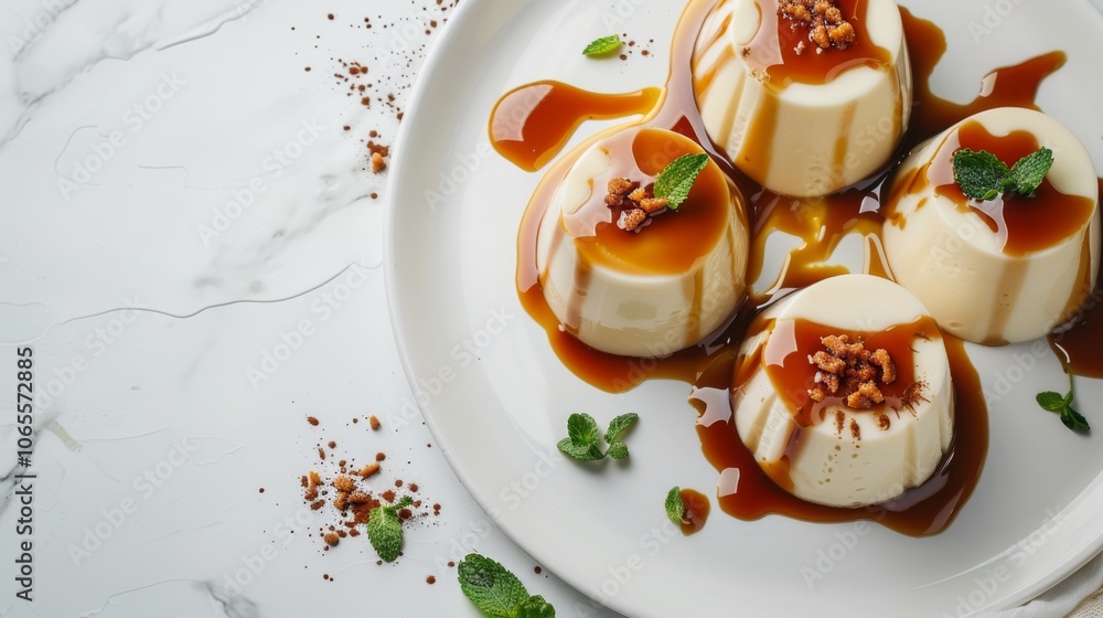 Obraz premium Creamy Panna Cotta with Caramel Sauce and Mint Garnish