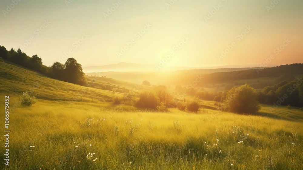 Obraz premium Serene Sunrise Over a Peaceful Meadow Landscape
