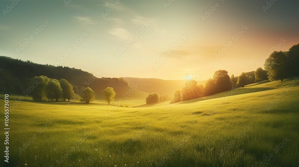 Fototapeta premium Serene Sunrise Over Soft Green Hills in Meadow