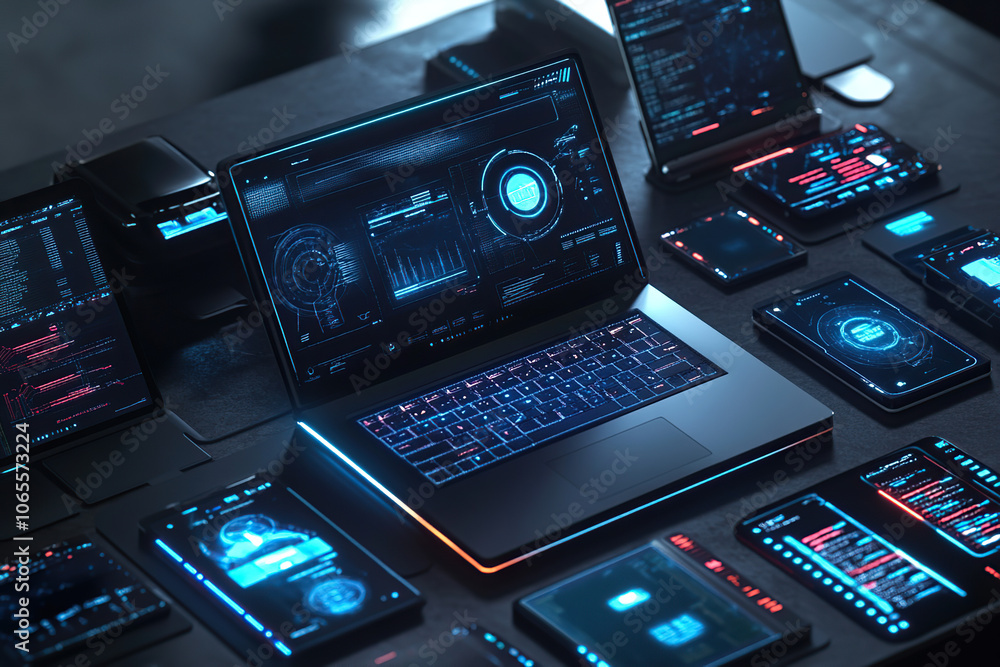 Obraz premium Futuristic Tech Workspace with Multi-Device Synchronization