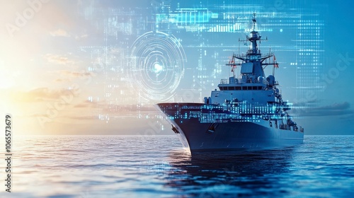 A modern warship at sea with digital overlays, symbolizing advanced naval technology. photo