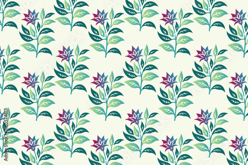 seamless floral pattern featuring a vibrant mix of abstract botanical flowers in multiple colors and lush green leaves, perfect for fashion fabric design, digital printing applications, and modern tex