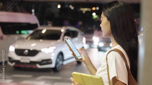 Businesswoman ordering taxi using smartphone app at night in bangkok. Bangkok night lifestyle