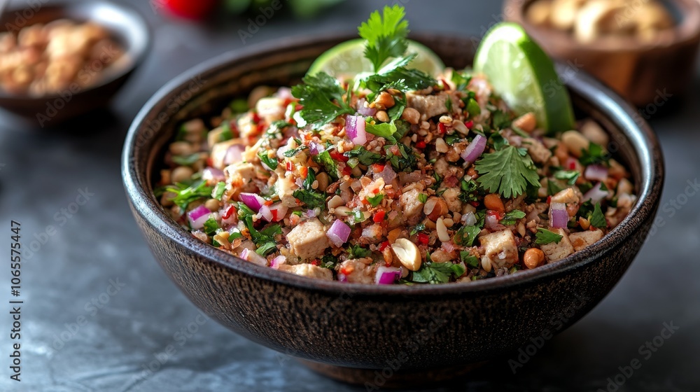 Close-up of a Wooden Bowl Filled with a Spicy Tofu Salad with Lime and Cilantro Close-up of a Wooden Bowl Filled with a Spicy Tofu Salad with Lime and Cilantro